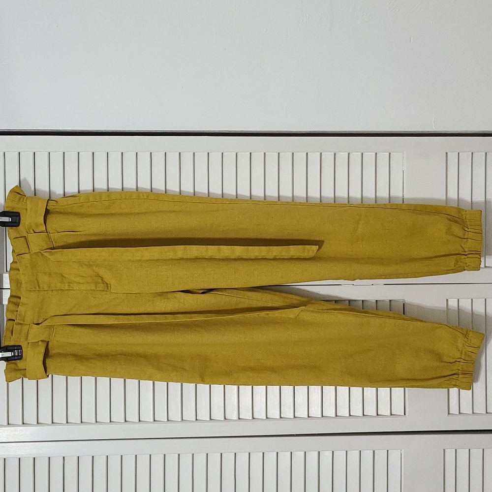 Med Papaya Mustard Belted Pleated Zipper Fly Linen
